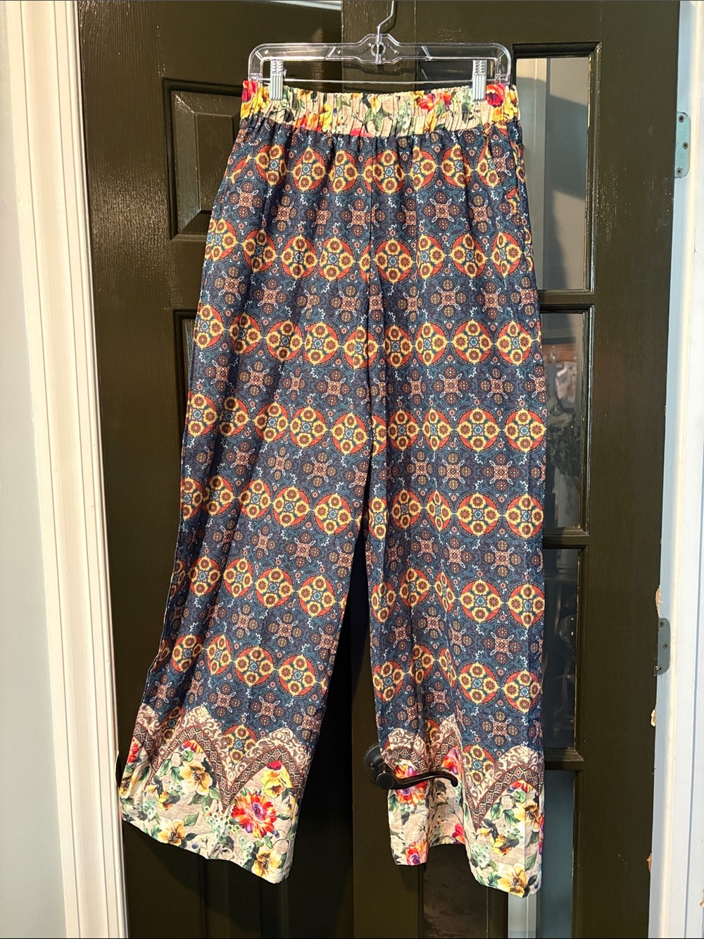 Umgee Navy Multicolor Floral Border Wide-Leg Pants